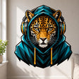 Bold illustrated leopard with golden fur, black rosette markings, and intense golden eyes, wearing a teal hooded sweatshirt and large black-and-teal over-ear headphones with gold accents.