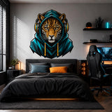 Leopard Gamer Wall Decal | Gaming Leopard Wall Sticker | Headphones Animal Decor | Teen Room Wall Art | Teal Hoodie Bedroom Wall Decorations