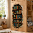 Vintage bookshelf set inside a rugged broken plaster and brick wall illusion, filled with teal, blue, rust, and gold books, a globe, glowing lantern, classic clock, architectural miniatures, greenery, and an ornate decorative chest.