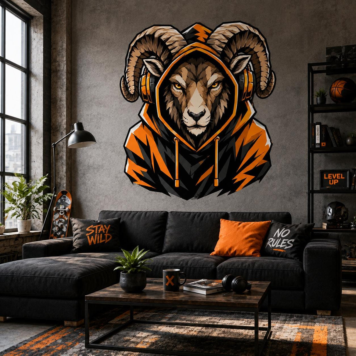 Ram Gamer Wall Decal | Gaming Ram Wall Sticker | Horned Animal Decor | Teen Game Room Wall Art | Orange Hoodie Gamer Bedroom Wall Decoration