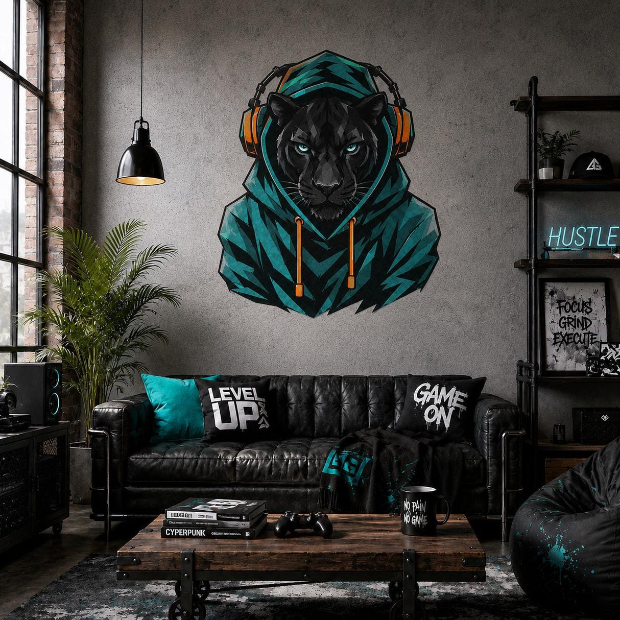 Black leopard gamer wall decal with turquoise eyes, a teal hoodie and orange-accented headphones