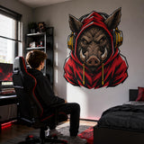 Wild Boar Gaming Wall Decal | Gaming Animal Wall Sticker | Red Hoodie Animal Decor | Teen Game Room Wall Art | Gamer Bedroom Wall Decoration