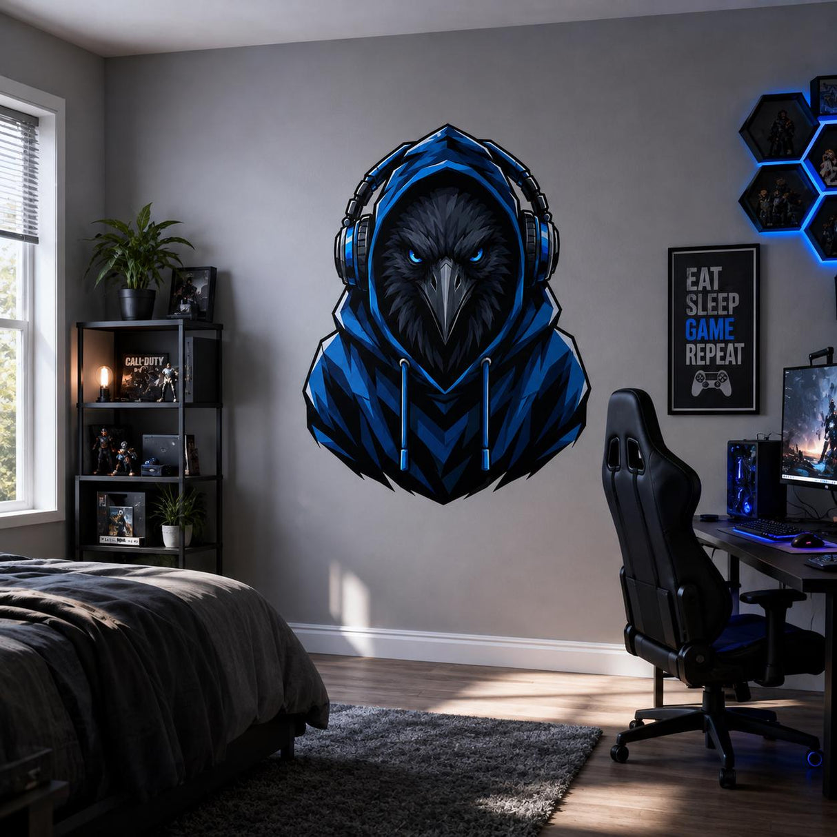 Raven Gamer Wall Decal | Gaming Raven Wall Sticker | Blue Hoodie Animal Decor | Teen Game Room Wall Art | Blue Gamer Bedroom Wall Decoration