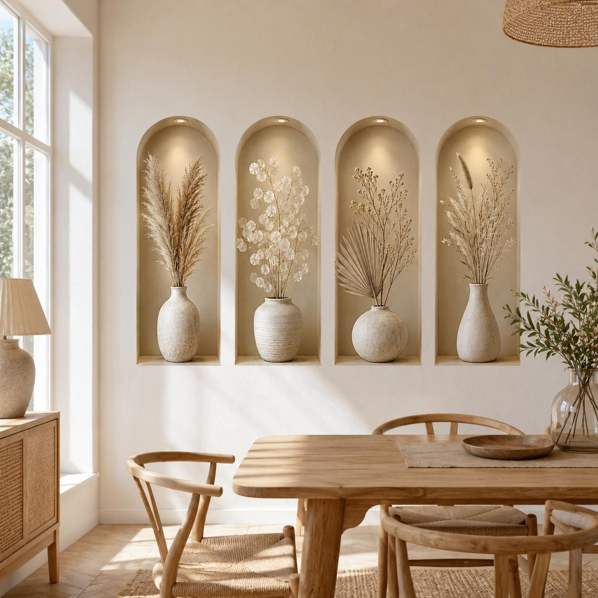 3D Vase Wall Niche Decal | Faux Recessed Shelf Wall Sticker | Neutral Botanical Wall Art | Beige Modern Decor | Living Room Wall Decorations