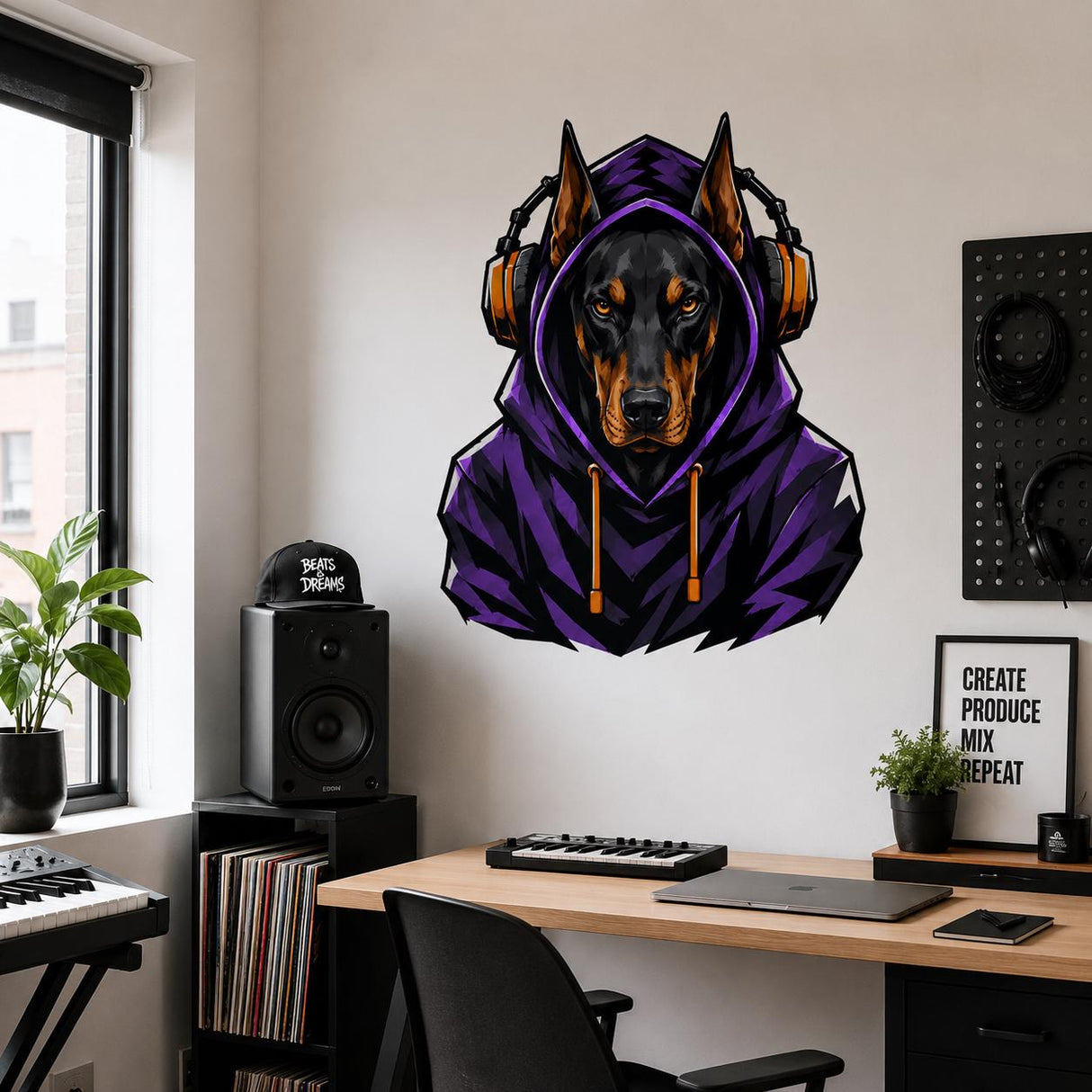 Doberman Gamer Wall Decal | Gaming Doberman Wall Sticker | Purple Hoodie Dog Decor | Teen Game Room Wall Art | Gamer Bedroom Wall Decoration