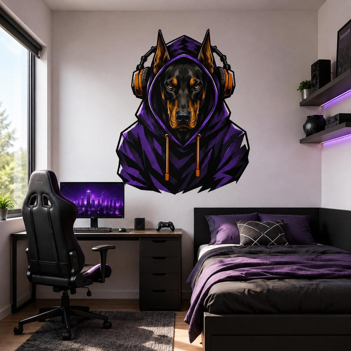 Doberman Gamer Wall Decal | Gaming Doberman Wall Sticker | Purple Hoodie Dog Decor | Teen Game Room Wall Art | Gamer Bedroom Wall Decoration