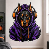 Bold illustrated black-and-tan Doberman with tall pointed ears and intense amber eyes, wearing a purple and black hooded sweatshirt and large gaming headphones with bright orange accents.