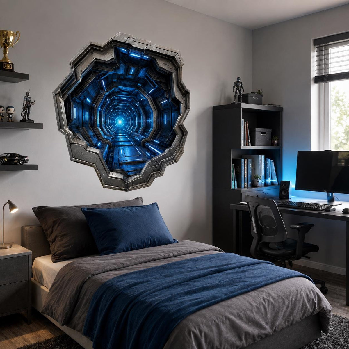 3D Sci Fi Tunnel Wall Decal | Futuristic Corridor Wall Sticker | Anamorphic Wall Illusion | Gaming Room Decor | Blue Portal Bedroom Wall Art