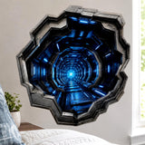 An angular metallic opening reveals a deep futuristic corridor lined with dark steel panels and bright electric blue lights, narrowing toward a glowing blue point in the distance to create a dramatic 3D tunnel illusion.