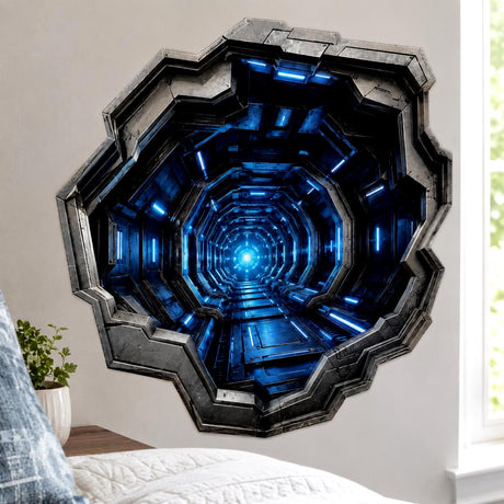 An angular metallic opening reveals a deep futuristic corridor lined with dark steel panels and bright electric blue lights, narrowing toward a glowing blue point in the distance to create a dramatic 3D tunnel illusion.