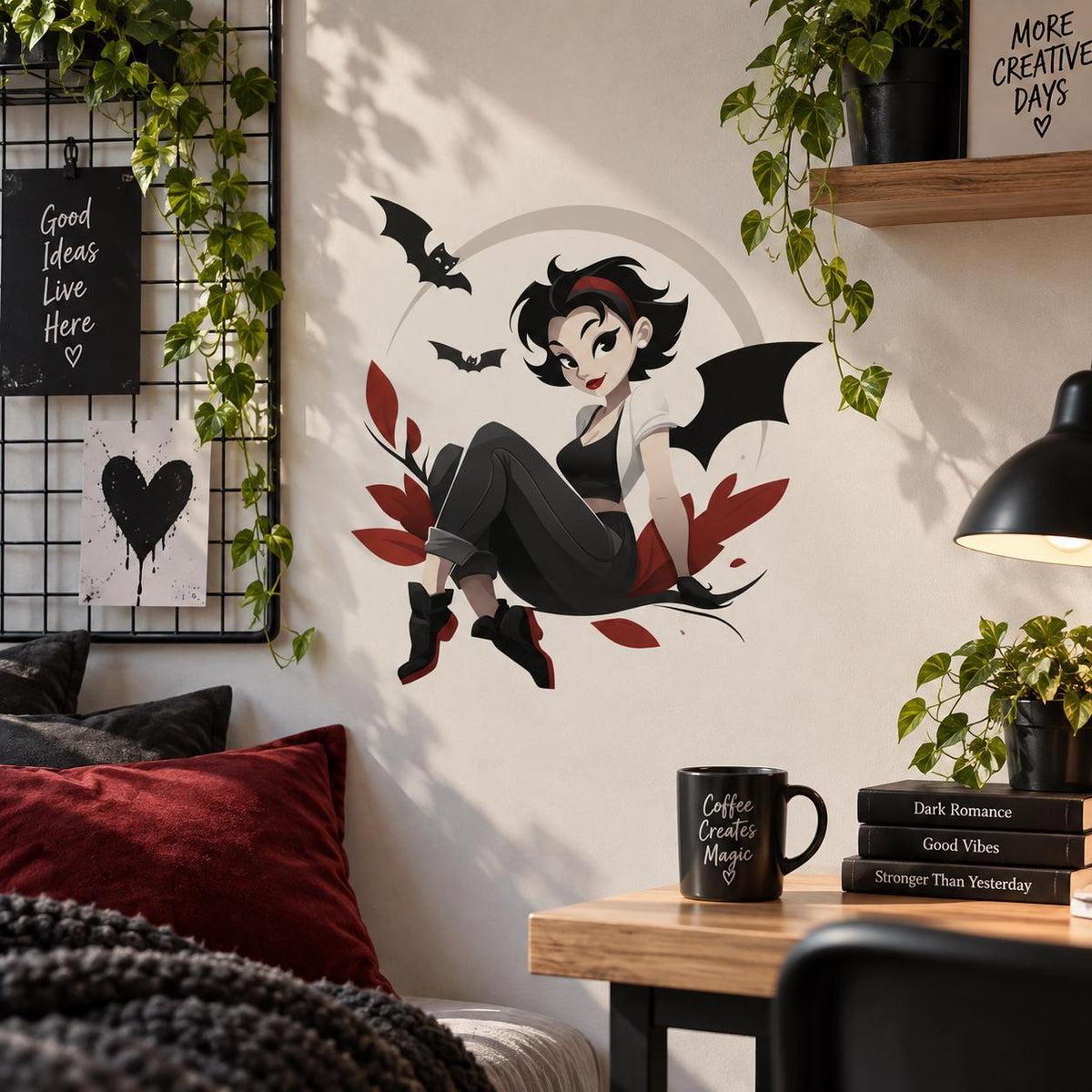 Gothic Bat Girl Wall Decal | Cute Spooky Vinyl Sticker | Gothic Bedroom Decor | Dark Kawaii Anime Wall Art | Vampire Inspired Moon Decor