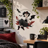 Gothic Bat Girl Wall Decal | Cute Spooky Vinyl Sticker | Gothic Bedroom Decor | Dark Kawaii Anime Wall Art | Vampire Inspired Moon Decor