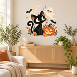 Halloween Black Cat and Pumpkin Wall Decal | Cute Ghost Moon Bat Vinyl Sticker | Kids Room Nursery Classroom Decor | Cozy Autumn Wall Art