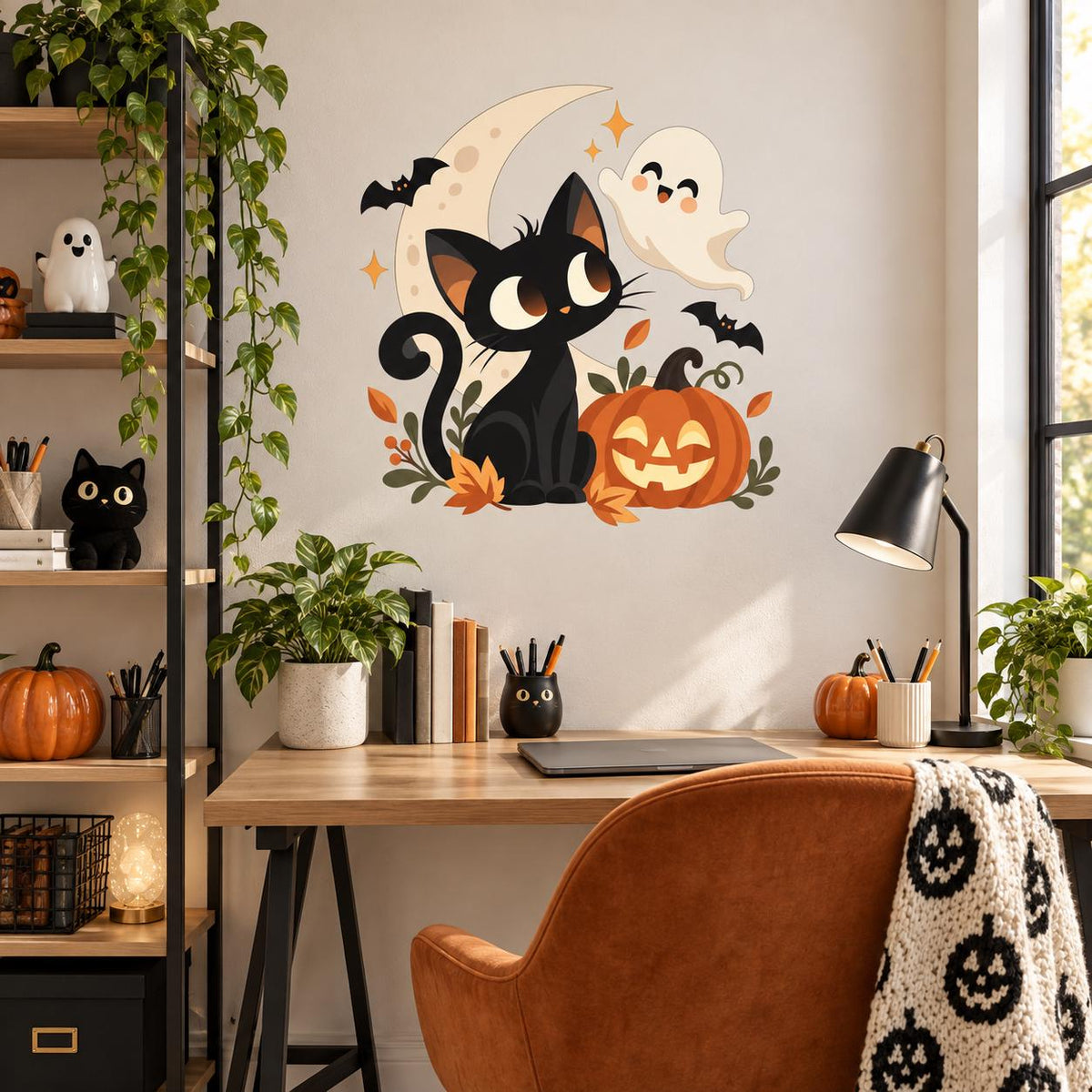 Halloween Black Cat and Pumpkin Wall Decal | Cute Ghost Moon Bat Vinyl Sticker | Kids Room Nursery Classroom Decor | Cozy Autumn Wall Art