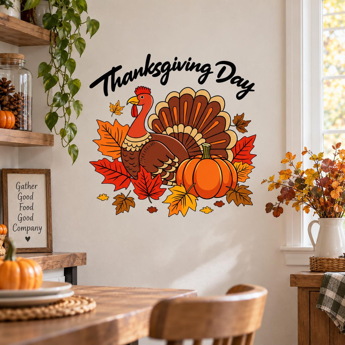 Thanksgiving Turkey and Pumpkin Wall Decal | Fall Leaves Vinyl Wall Sticker | Autumn Kitchen and Dining Room Decor | Harvest Party Decor