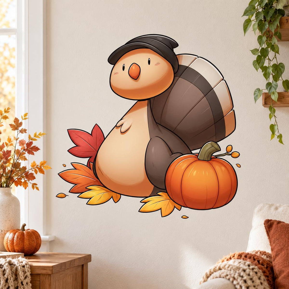 Smiling brown turtle wall decal with a pilgrim-style hat, orange pumpkin and scattered rust, gold and red autumn leaves.