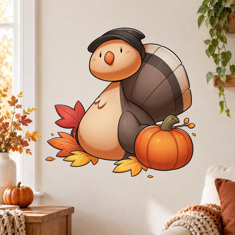 Smiling brown turtle wall decal with a pilgrim-style hat, orange pumpkin and scattered rust, gold and red autumn leaves.