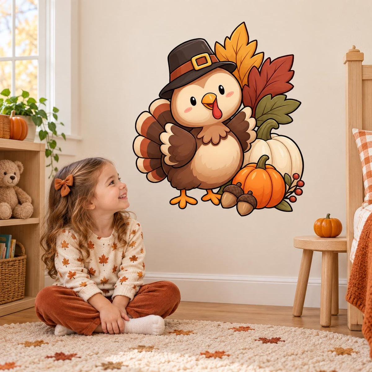 Cute Thanksgiving Turkey Wall Decal | Fall Harvest Pumpkin Vinyl Wall Sticker | Cartoon Classroom and Kids Room Decor | Autumn Decoration