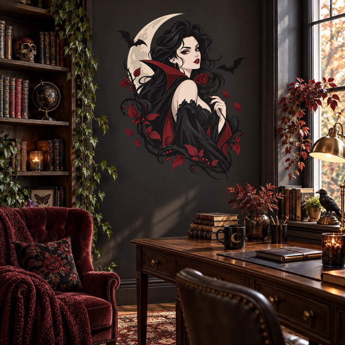 Gothic Vampire Woman Wall Decal | Moon and Bats Vinyl Wall Sticker | Dark Fantasy Gothic Bedroom Decor | Halloween Wall Decor | Witchy Decor