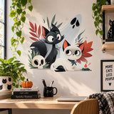 Black and cream cats wall decal with a pale ghost, small skull, orange flame and rust-red and muted green foliage.