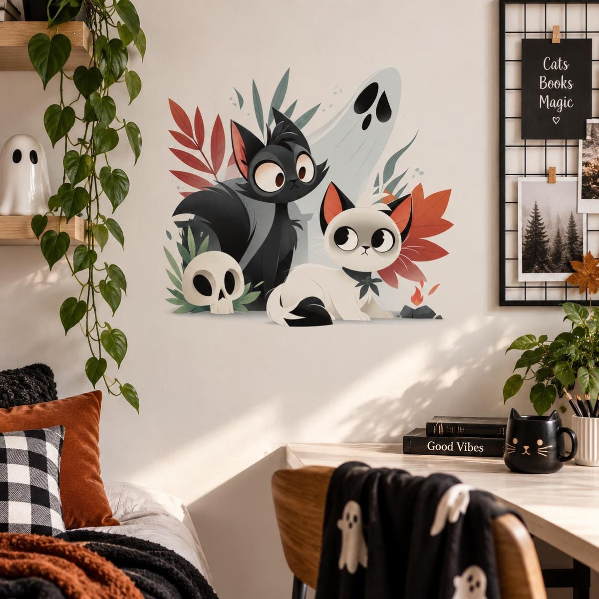 Cute Halloween Cat Wall Decal | Black and White Cats with Ghost | Whimsical Spooky Wall Decor | Vinyl Wall Sticker | Cat Lover Room Decor