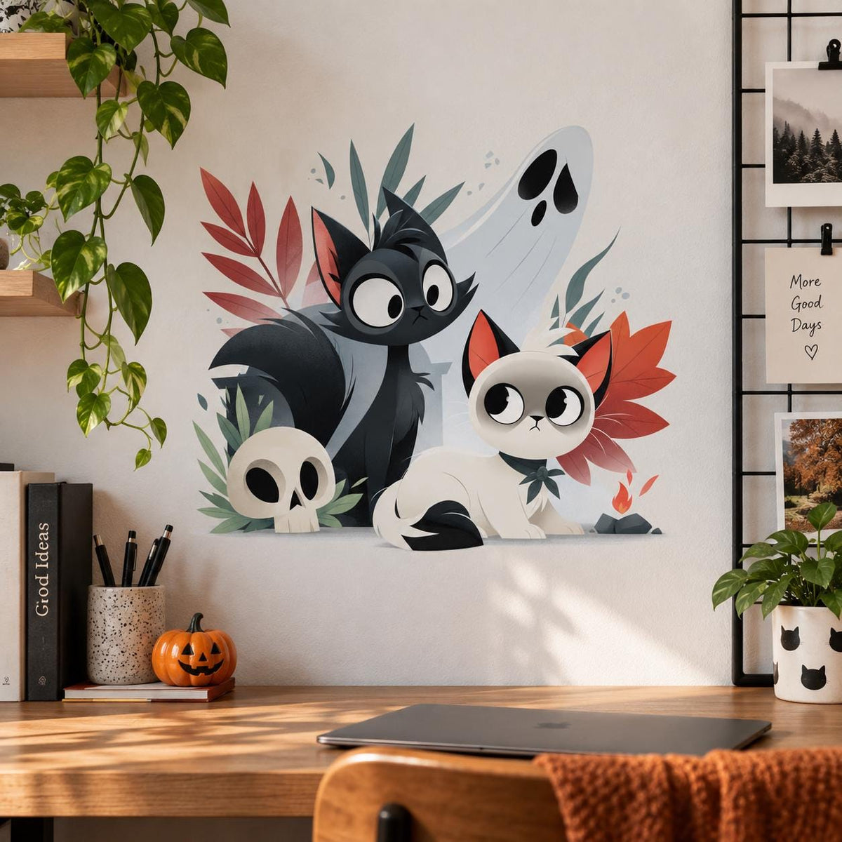 Cute Halloween Cat Wall Decal | Black and White Cats with Ghost | Whimsical Spooky Wall Decor | Vinyl Wall Sticker | Cat Lover Room Decor