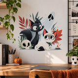 Cute Halloween Cat Wall Decal | Black and White Cats with Ghost | Whimsical Spooky Wall Decor | Vinyl Wall Sticker | Cat Lover Room Decor