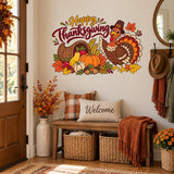 Happy Thanksgiving Wall Decal with Turkey and Cornucopia | Fall Harvest Vinyl Wall Decor | Classroom Kitchen Dining Room Decor Party Decor