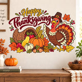 Happy Thanksgiving wall decal with gold and burgundy script, a turkey, cornucopia, pumpkins, apples, wheat and fall leaves.