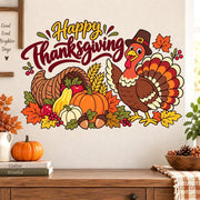 Happy Thanksgiving wall decal with gold and burgundy script, a turkey, cornucopia, pumpkins, apples, wheat and fall leaves.