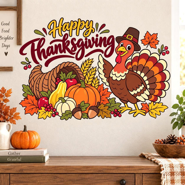 Happy Thanksgiving wall decal with gold and burgundy script, a turkey, cornucopia, pumpkins, apples, wheat and fall leaves.