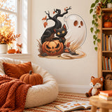 Black Cat Ghost Pumpkin Halloween Wall Decal | Whimsical Haunted Tree Vinyl Wall Sticker | Cute Kids Room Seasonal Decor | Autumn Wall Art