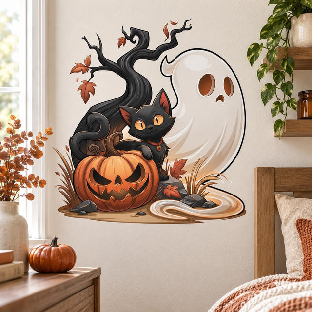 Black cat and grinning pumpkin beneath a twisted haunted tree, with a friendly cream ghost, rust leaves and autumn grasses.
