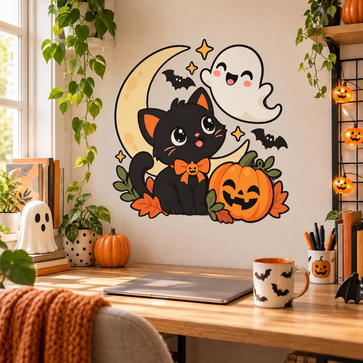 Black cat with a pumpkin bow tie beside a jack-o'-lantern, with a smiling ghost, crescent moon, bats and autumn leaves.