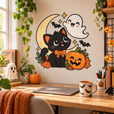 Black cat with a pumpkin bow tie beside a jack-o'-lantern, with a smiling ghost, crescent moon, bats and autumn leaves.