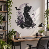 Black Cat Moon Wall Decal | Gothic Witchy Bedroom Decor | Celestial Bat and Dark Floral Vinyl Wall Sticker | Purple Gothic Room Wall Decor