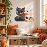 Cute Black Cat Halloween Wall Decal | Ghost Pumpkin Skull Vinyl Sticker | Kawaii Kids Room Decor | Cute Spooky Halloween Wall Art Decor