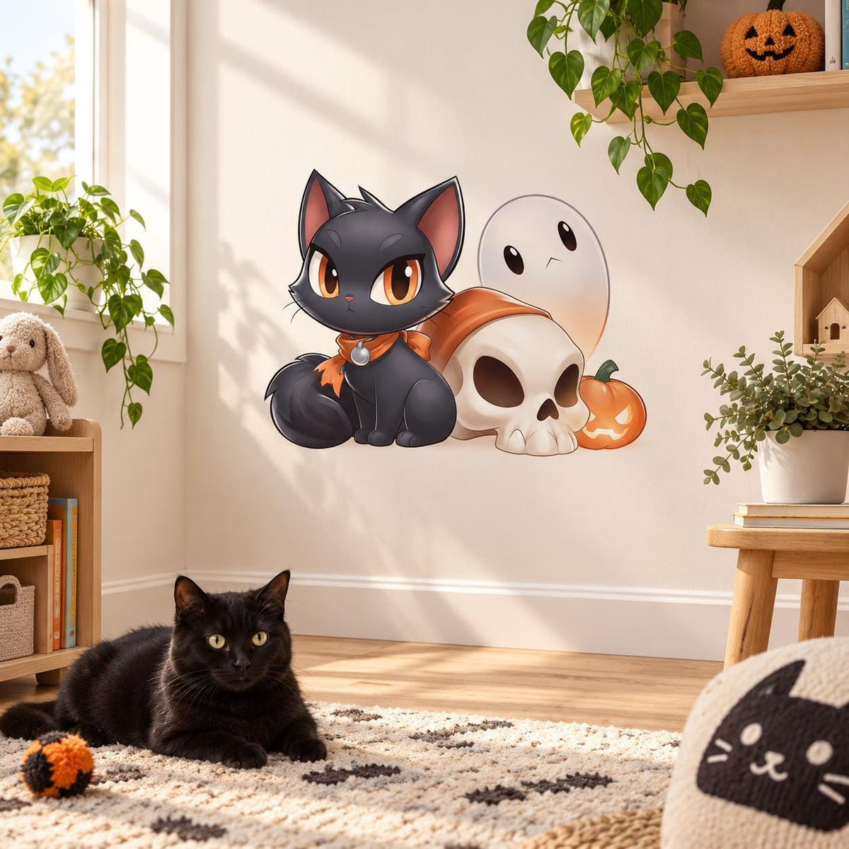 Cute Black Cat Halloween Wall Decal | Ghost Pumpkin Skull Vinyl Sticker | Kawaii Kids Room Decor | Cute Spooky Halloween Wall Art Decor