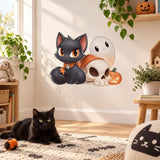 Cute Black Cat Halloween Wall Decal | Ghost Pumpkin Skull Vinyl Sticker | Kawaii Kids Room Decor | Cute Spooky Halloween Wall Art Decor