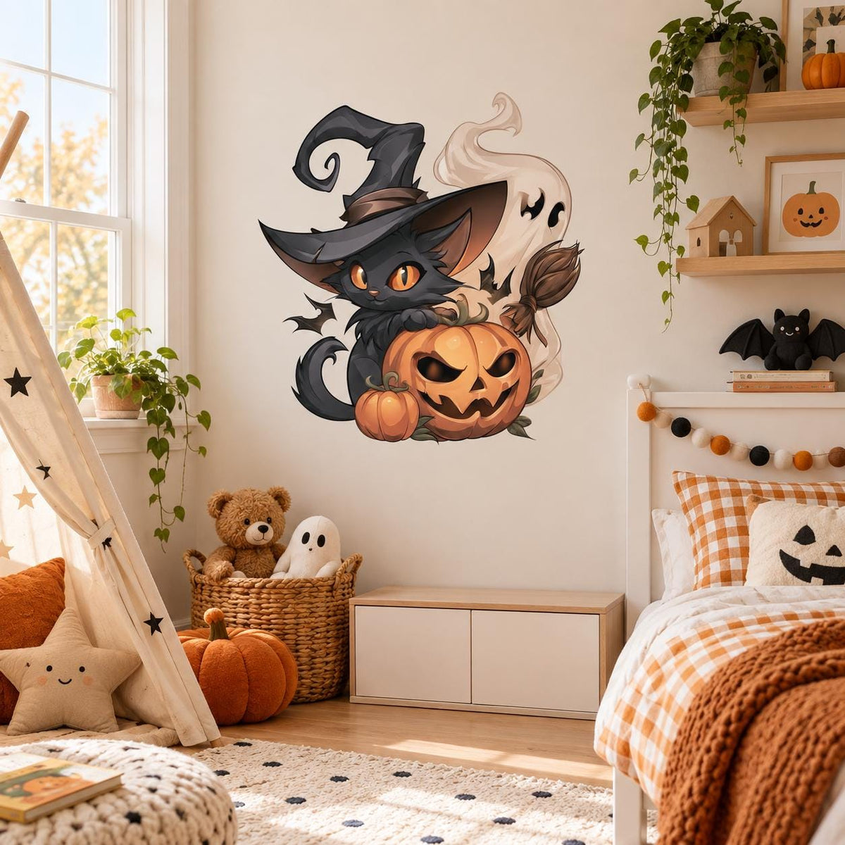 Halloween Witch Cat Wall Decal | Black Cat Pumpkin Vinyl Wall Sticker | Spooky Fall Home Decor | Jack O Lantern Wall Art | Witchy Decor