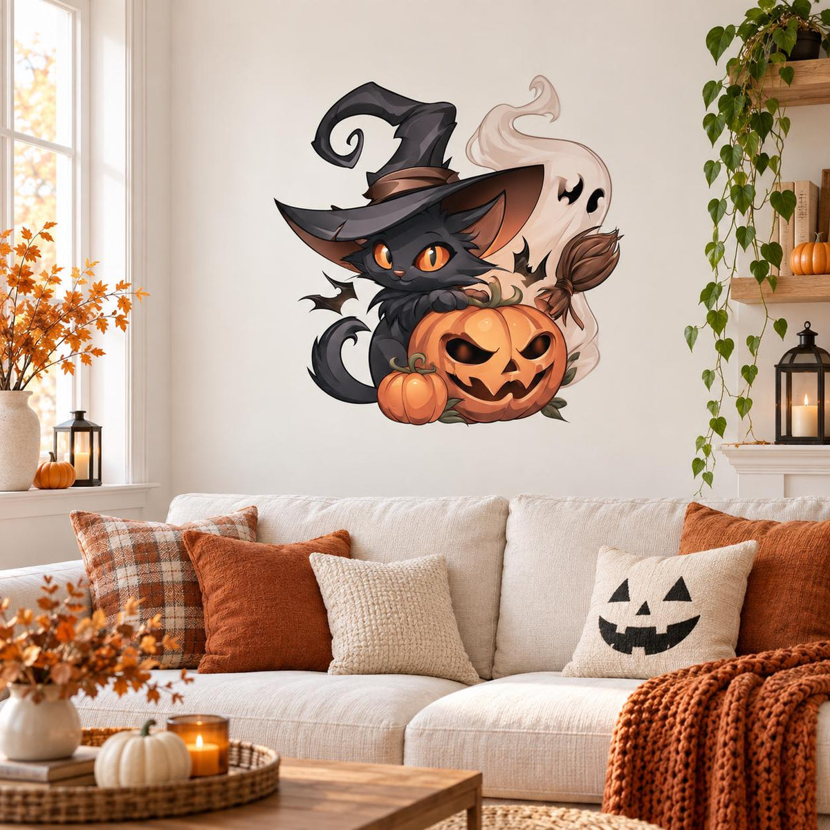 Halloween Witch Cat Wall Decal | Black Cat Pumpkin Vinyl Wall Sticker | Spooky Fall Home Decor | Jack O Lantern Wall Art | Witchy Decor