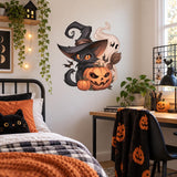 Halloween Witch Cat Wall Decal | Black Cat Pumpkin Vinyl Wall Sticker | Spooky Fall Home Decor | Jack O Lantern Wall Art | Witchy Decor