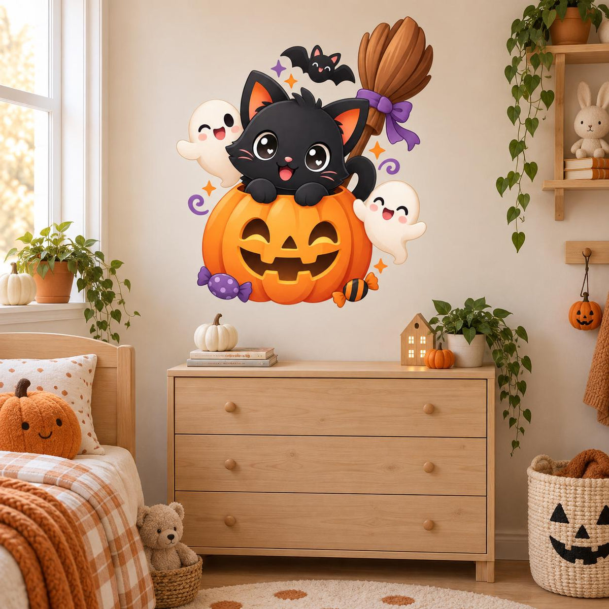 Cute Halloween Cat Pumpkin Wall Decal | Kawaii Ghost and Bat Vinyl Sticker | Kids Room Nursery Decor | Cartoon Jack O Lantern Wall Art Decor