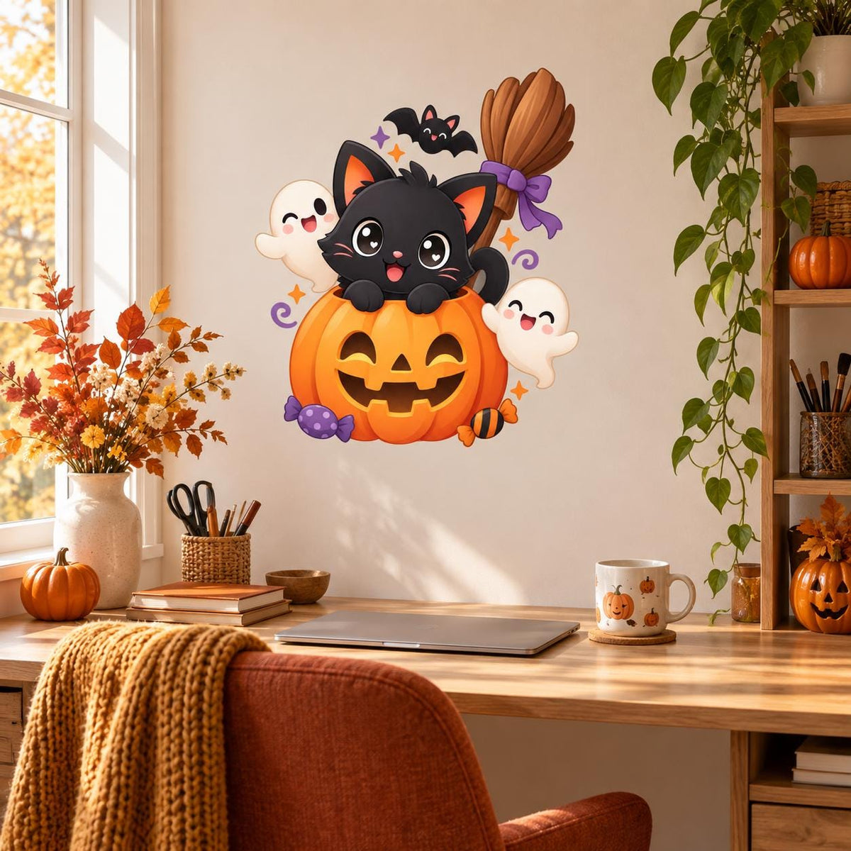 Cute Halloween Cat Pumpkin Wall Decal | Kawaii Ghost and Bat Vinyl Sticker | Kids Room Nursery Decor | Cartoon Jack O Lantern Wall Art Decor