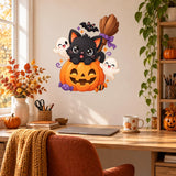 Cute Halloween Cat Pumpkin Wall Decal | Kawaii Ghost and Bat Vinyl Sticker | Kids Room Nursery Decor | Cartoon Jack O Lantern Wall Art Decor