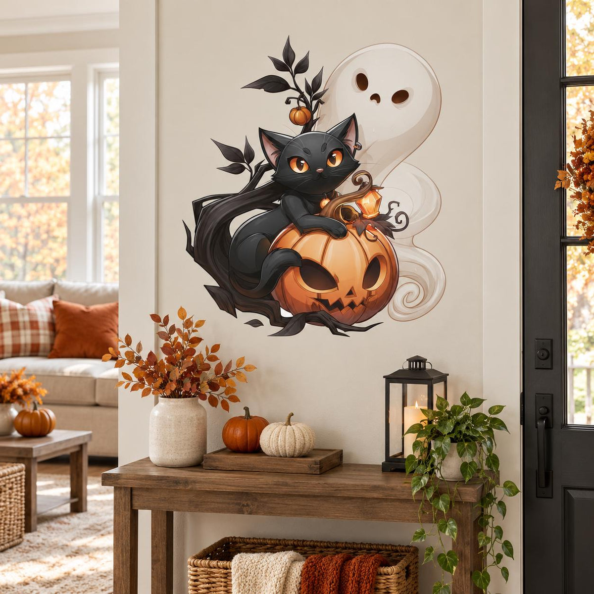 Black Cat Pumpkin Ghost Halloween Wall Decal | Cute Spooky Vinyl Wall Sticker | Fall Home Decor | Kids Room Party Decoration | Ghost Decor