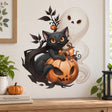 Black cat on an orange jack-o'-lantern, framed by twisting branches, a friendly cream ghost and an illustrated lantern.