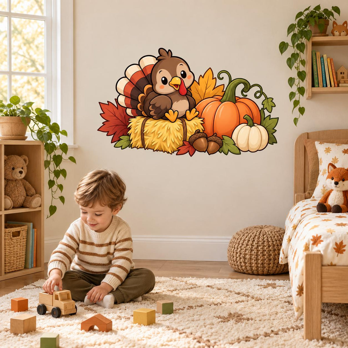 Cute Turkey Pumpkin Wall Decal | Thanksgiving Vinyl Wall Sticker | Fall Harvest Decor | Cartoon Autumn Decor | Kids Classroom Wall Decor
