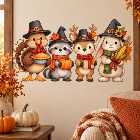 Turkey, raccoon, deer and bunny in harvest outfits holding pie, pumpkin, gift and corn, surrounded by autumn leaves.