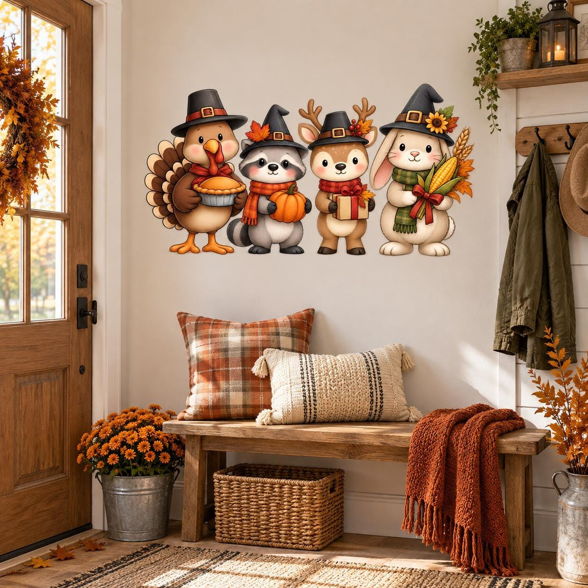 Thanksgiving Woodland Animal Wall Decal | Cute Turkey Raccoon Deer Bunny Decor | Fall Harvest Vinyl Wall Sticker | Kids Room Classroom Decor